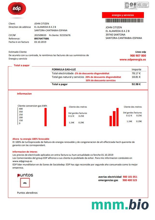 Hiszpania EDP Energia rachunek za media szablon w formacie Word i PDF